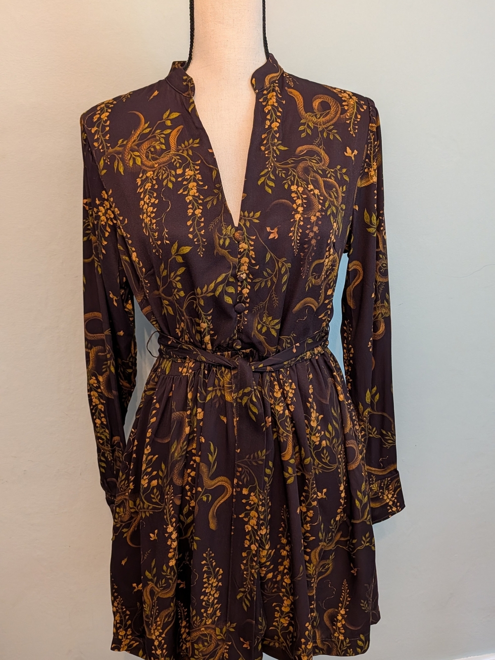 Disturbia Dark Brown and Mustard Wisteria-Print Long Sleeve Mini Dress